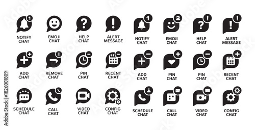 Chat icon set with outline style for chat communication, including notification, emoji, help, and alert