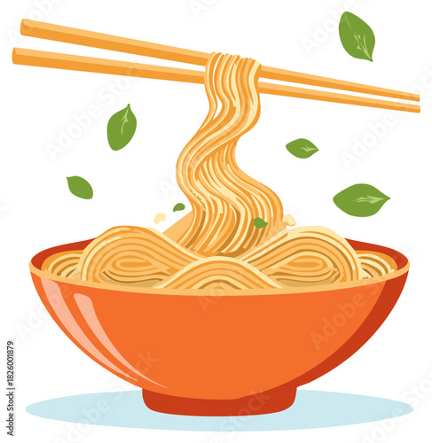 Bowl of noodles with chopsticks, and fresh leaves. Healthy and delicious Asian food.