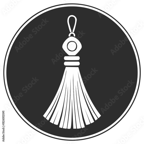 Minimalist white tassel charm icon in a round black frame. Elegant decorative accessory vector graphic.