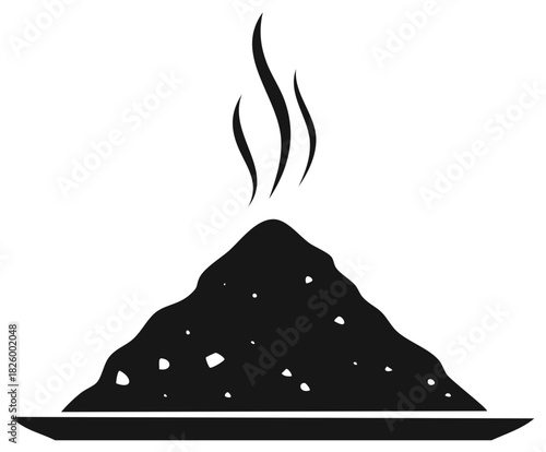 Steaming hot meal portion served on a plate with rising vapor black silhouette graphic