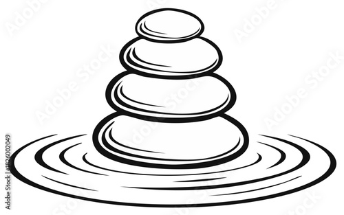 Zen Stones Stacked with Water Ripples in Black and White Simple Line Illustration
