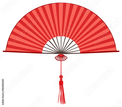 Red traditional Asian fan with tassel decoration and patterned pleats