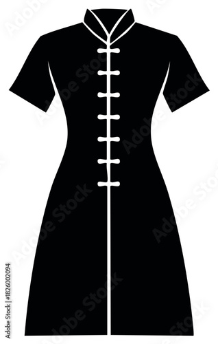 Elegant black qipao dress icon featuring traditional frog buttons and mandarin collar