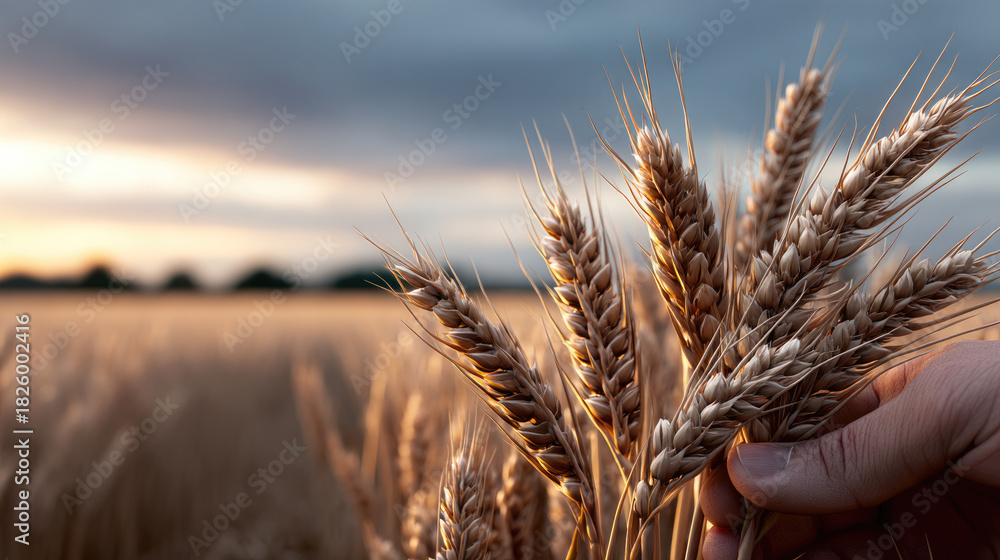 Naklejka premium Golden wheat stalks in hand sunlit field agriculture rural landscape harvest season natural grain countryside evening sky