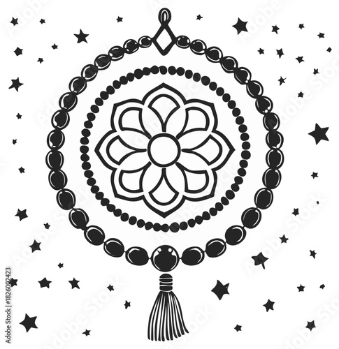 Mandala Prayer Beads with Tassel and Scattered Stars