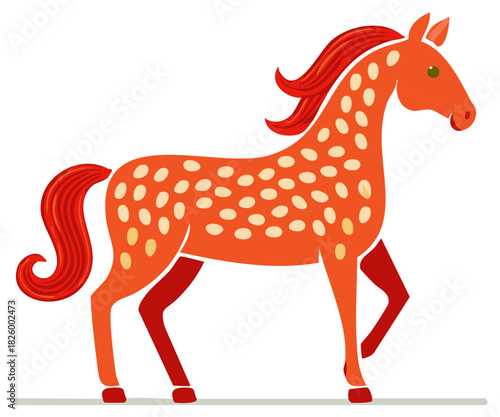 Stylized Orange Horse with Red Mane and Tail Adorned with Spots