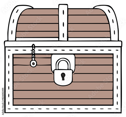 Illustration of an old wooden treasure chest with closed padlock for safekeeping with cartoon style