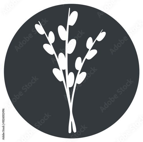 Pussy willow branches icon with a simple white silhouette on a dark circle