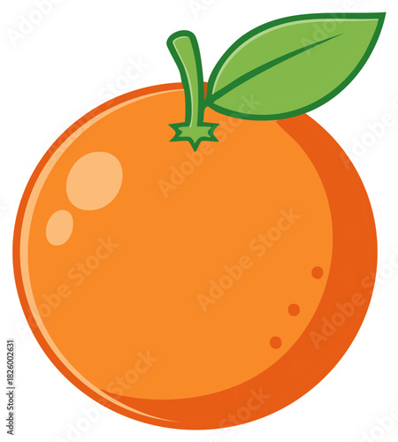 Vivid orange fruit graphic featuring a single green leaf and simplified cartoon styling