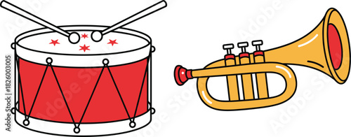 Cartoon Drum and Trumpet Vector Illustration, Marching Band, Celebration, and Festive Music Icons