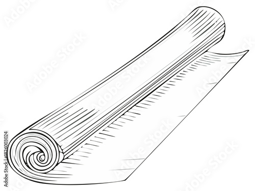 Simple black and white line art illustration of a partially unrolled mat or scroll