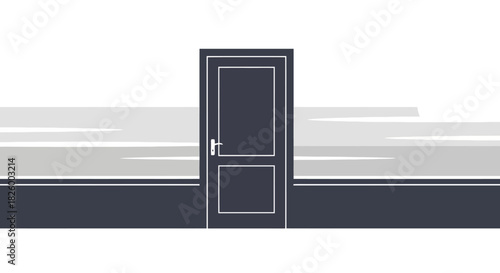 Minimalist illustration of a closed door in a monochromatic architectural scene