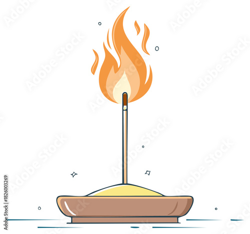 Burning incense stick in sand on a container with flame and aroma in an illustration