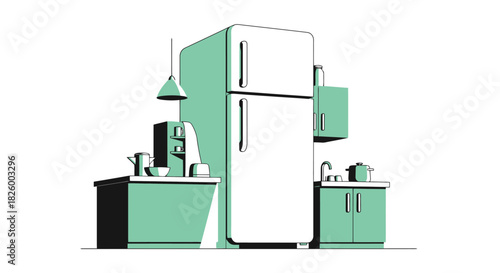 Contemporary kitchen scene with refrigerator and cabinets, a line art concept of home living
