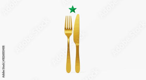Golden Fork and Knife with Green Star Minimalist Dining Utensils Illustration on White