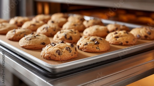 Warm chocolate chip cookies rest on a baking tray, just removed from the oven, golden brown and inviting. The cozy kitchen glows softly with a setting sun