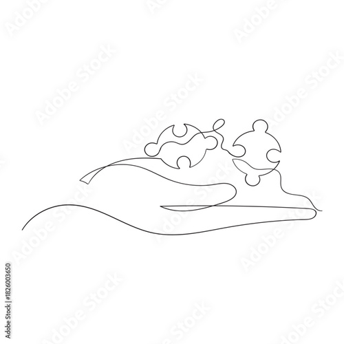 continuous line drawing hand put together puzzle jigsaw illustration vector