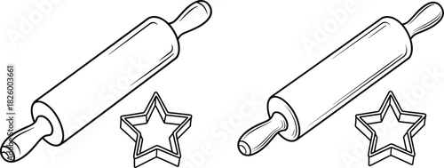 Rolling Pin and Star Cookie Cutter Outline Vector, Kitchen Baking Tools and Holiday Treat Preparation