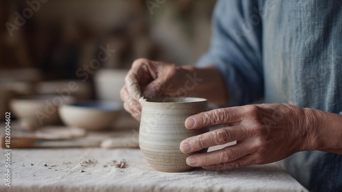 Person's hands working on a pottery wheel. the person is wearing a blue shirt and is holding a small ceramic pot in their hands.