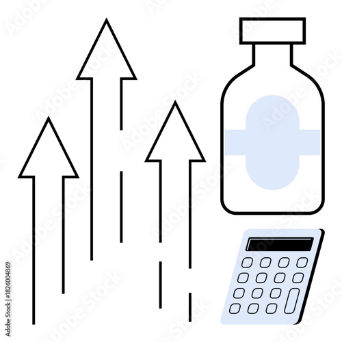 Upward arrows, pill bottle, and calculator symbolizing increasing healthcare costs and pharmaceutical pricing. Ideal for healthcare finance, economic trends, medical expenses, market growth, business