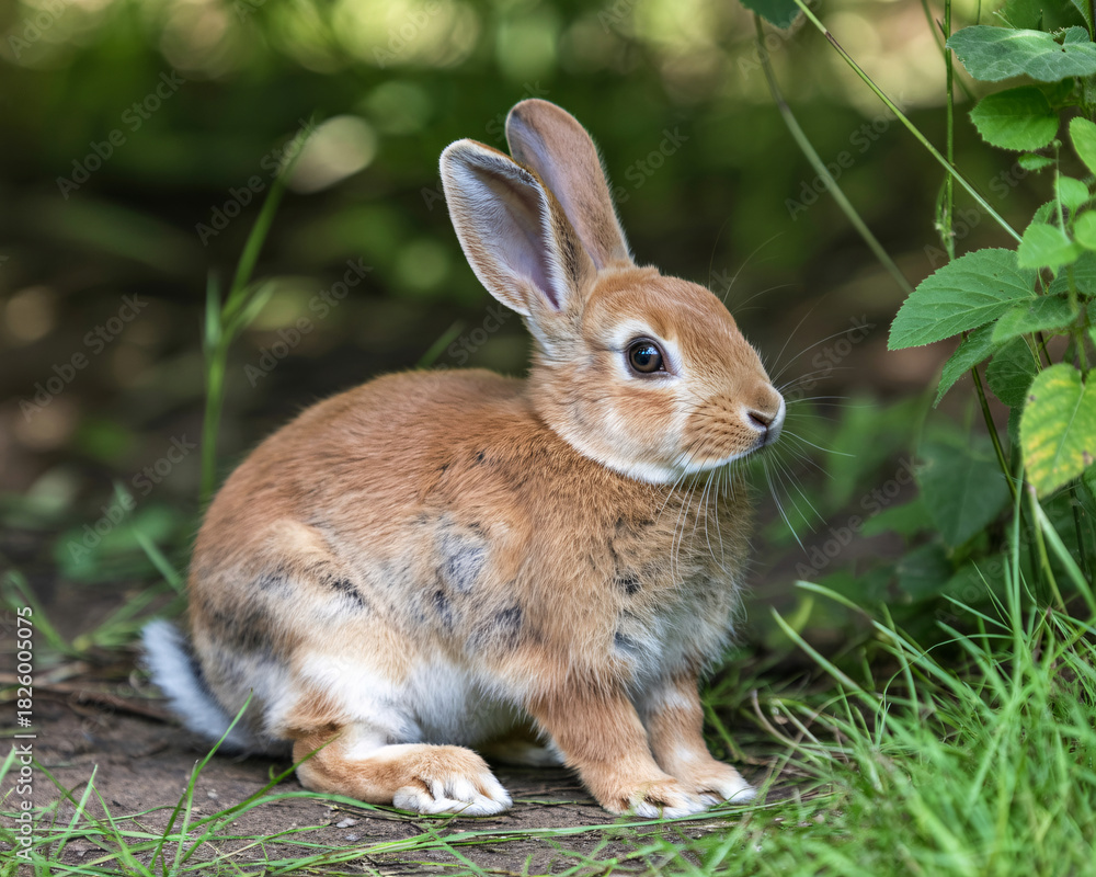 Fototapeta premium Adorable brown rabbit sitting peacefully among lush green foliage, perfect for springtime projects and nature-themed designs, evoking tranquility and charm