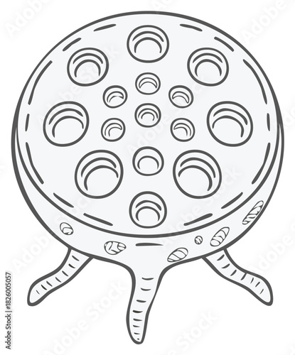 Whimsical illustration of a round, three-legged stool with many circular holes