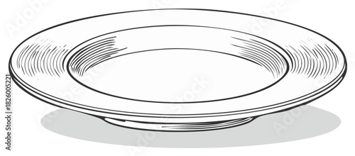 Vintage engraving style illustration of an empty dinner plate with a wide rim