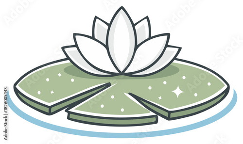 Stylized white lotus flower on a green lily pad with water