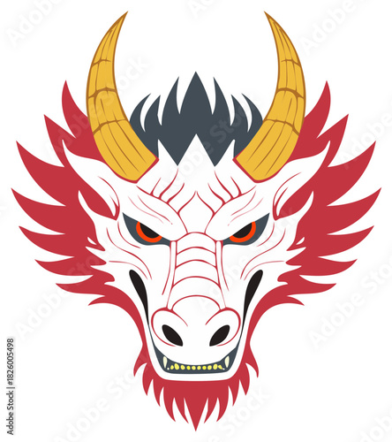 Dragon Head Illustration with Horns Red Furry Mane Mythical Creature