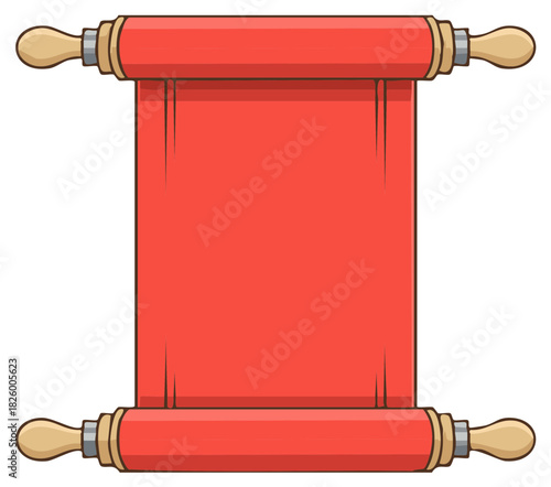 Red scroll with wooden handles, cartoon style.  Empty paper, blank parchment, vector illustration.