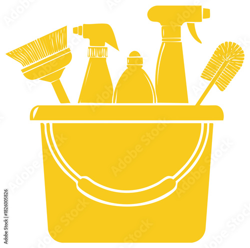 Bright yellow cleaning bucket filled with essential tools including spray bottles brushes and a toilet brush