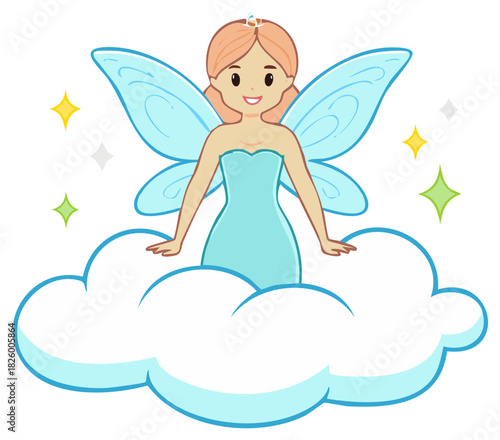 Cute cartoon fairy with wings and crown sitting on a fluffy cloud surrounded by sparkles