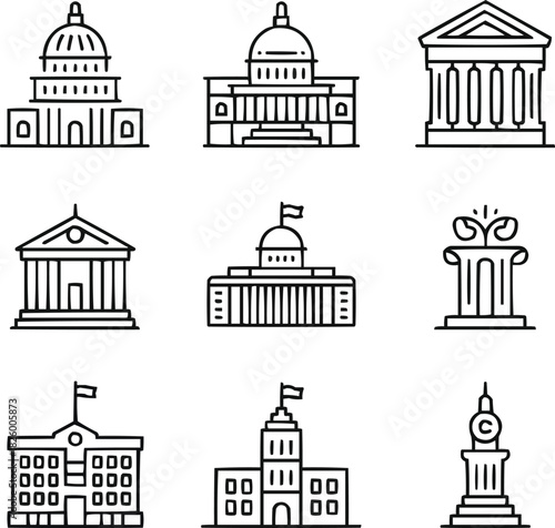 Government Building Outline Icon Set  Capitol, Landmark, and Civic SymbolsGovernment Building Outline Icon Set  Capitol, Landmark, and Civic Symbols