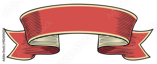 Vintage red ribbon banner illustration with curved scroll and blank copy space