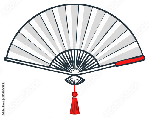 Elegant traditional Asian style folding hand fan with decorative red tassel illustration