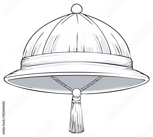 Detailed black and white line art illustration of a classic pith helmet with a decorative tassel.