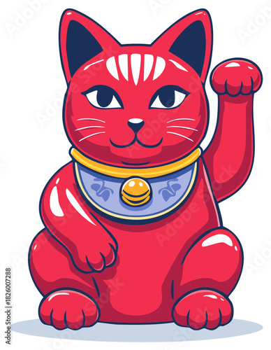 Vibrant Red Maneki Neko Lucky Cat Illustration Symbolizing Prosperity and Good Fortune
