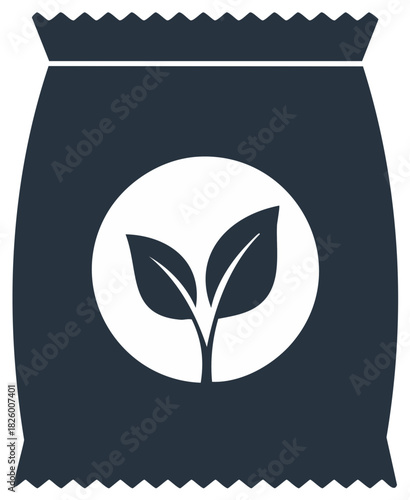 Flat vector icon of a fertilizer, seed, or soil bag with a plant sprout symbol