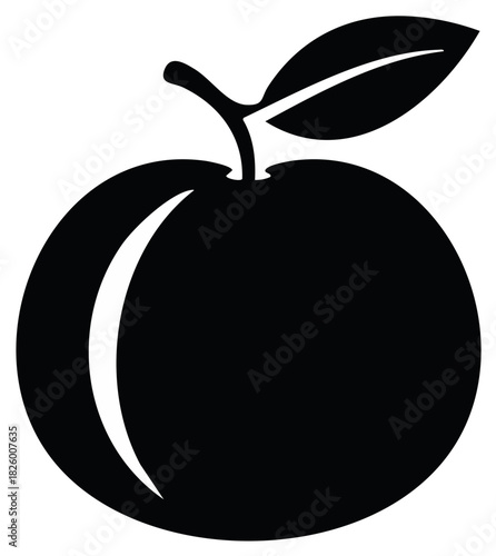 Aesthetic Black Peach Illustration with Leaf and Stem Silhouette on White Backdrop