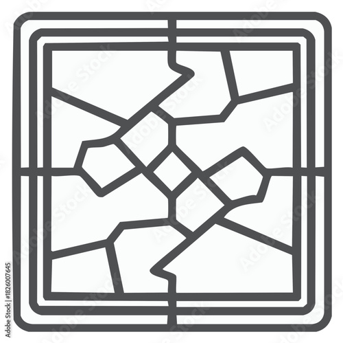 Broken window illustration, square shape, cracked lines, damage, fragility, outline design