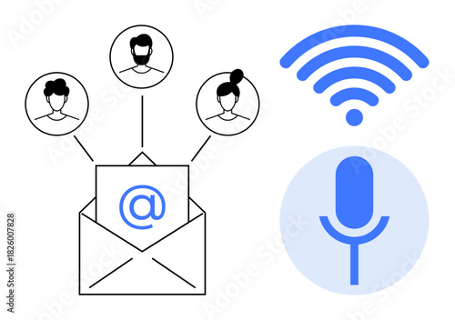 Open envelope with email icon linked to three user profiles, wireless signal, and microphone. Ideal for communication, networking, collaboration, technology, voice recognition, connectivity simple