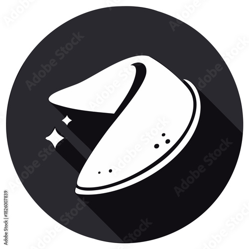 Modern White Fortune Cookie Icon with Long Shadow and Sparkles on Dark Gray Circular Background