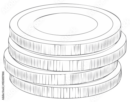 Stack of Four Circular Coins with Ridged Edges Hand Drawn Illustration