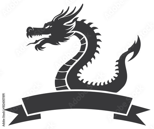 Silhouette of a traditional dragon coiled around a blank banner, oriental symbol