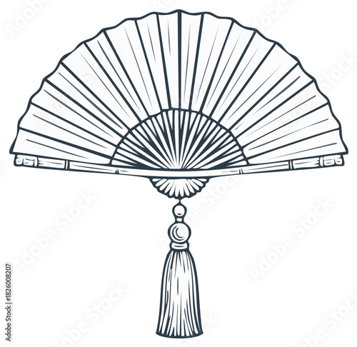 Elegant handheld fan with tassel ornate design. Traditional decorative accessory vector.