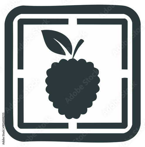 Minimalist berry fruit icon with a leaf inside a square target frame graphic