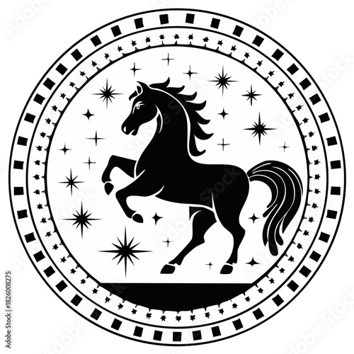 Majestic rearing horse silhouette with stars inside a decorative circular frame