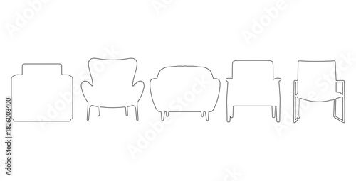 CAD drawings of multiple modern armchair outline designs in front view — minimalist block, curved contemporary, cushioned lounge. Vector illustration