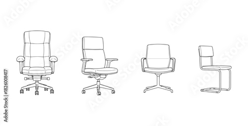 CAD drawings of several office chair designs in front view — cushioned executive, swivel task, minimal modern office, tubular-frame visitor. Vector illustration