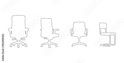 CAD drawings of several office chair outline designs in front view — cushioned executive, swivel task, minimal modern office, tubular-frame visitor. Vector illustration